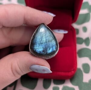 Vintage Blue Flash Labradorite Teardrop In 925 Sterling Silver Setting Size 10